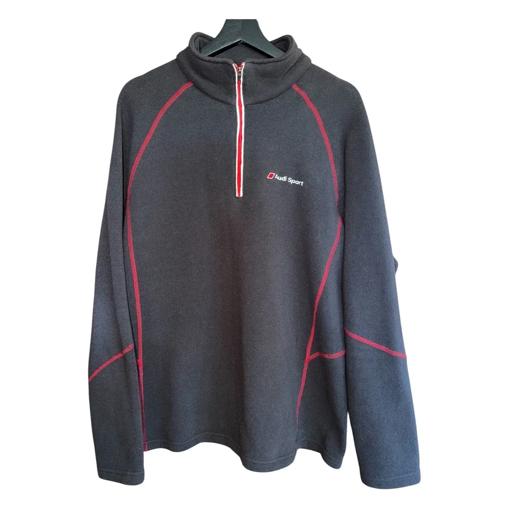 Audi Sport Mens L Quarter Zip Fleece Pullover Black Red Contrast Stitch
